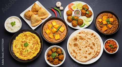 An overhead shot of various indian dishes including samosas and paneer on a dark background