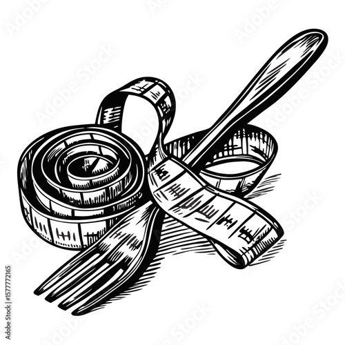 Measuring tape and fork in hand-drawn engraving style represent healthy diet, mindful eating, and portion control. Measuring tape intertwined with fork symbolize a focus on balanced nutrition, diet.