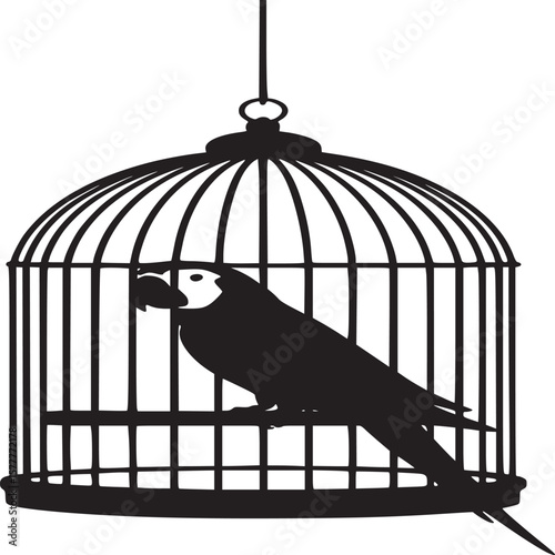 Isolated black and white parrot in birdcage illustration vector graphic design element stock image artwork
