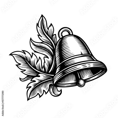 Notification bell with herbs in vintage engraving style, featuring intricate botanical details in monochromatic ink.