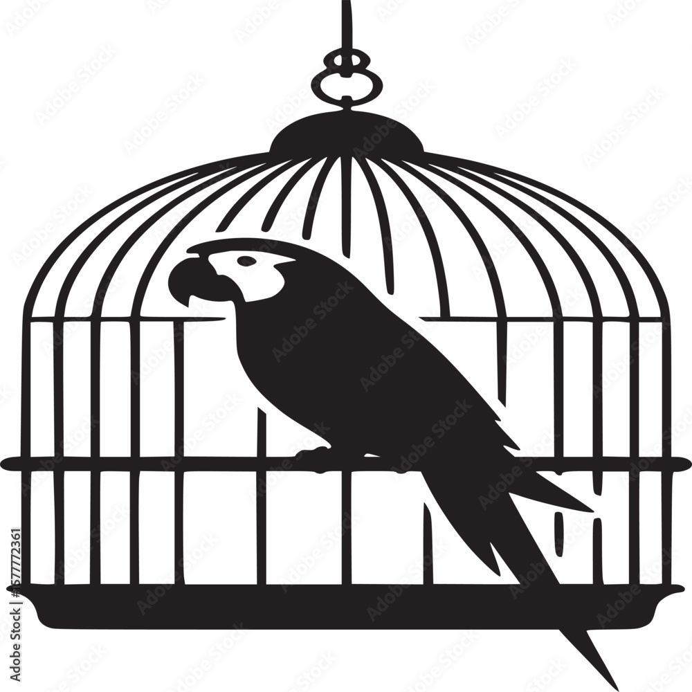 Fototapeta premium Black parrot bird cage icon, birdcage silhouette, parrot in cage, blackbird illustration, pet clip art