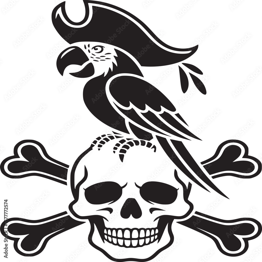 Fototapeta premium Pirate Parrot, Skull Crossbones, Jolly Roger Icon, Black White Vector