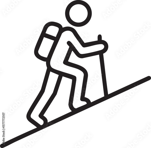 Hiking Icon Illustration of Person with Backpack and Walking Stick Climbing a Hill