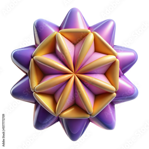 Abstract Geometric Flower Design in Purple and Gold with Glossy Reflections for Modern Art and Backgrounds