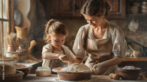 Mother and daughter baking together at home in a cozy rustic kitchen, preparing dough with flour and smiling