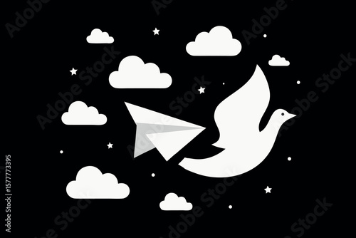 Paper airplane transforms into a dove flying through clouds and stars representing a hopeful journey and freedom