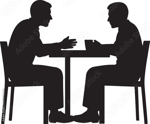 Silhouette Dialogue: A silhouette of two individuals engaged in a candid discussion at a table isolated on white background, evoking a sense of introspection, pure black silhouette.