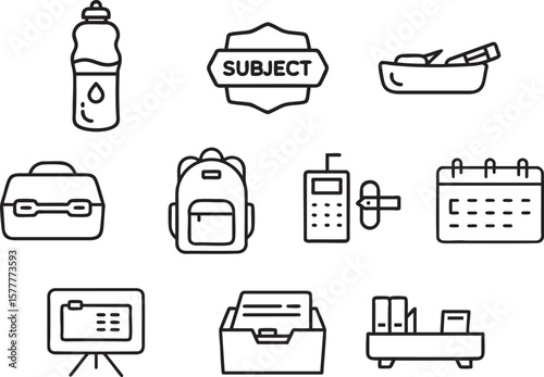 School Essentials PNG Set in Organization & Carrying, Backpack, Pencil case/pouch, Lunchbox/bag, Water bottle, Subject labels/stickers, File box, Desk organizer, Whiteboard/bulletin board, Calendar