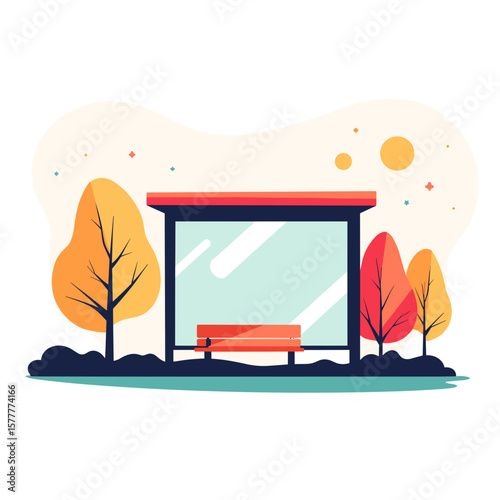 Urban bus stop illustration with colorful trees and autumn background  