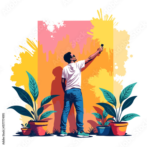 Young man painting wall with brush in vibrant urban setting  