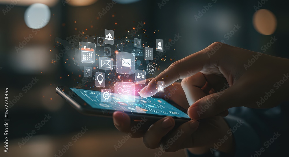 Fototapeta premium Hand interacting with smartphone displaying floating digital application icons and data visualization