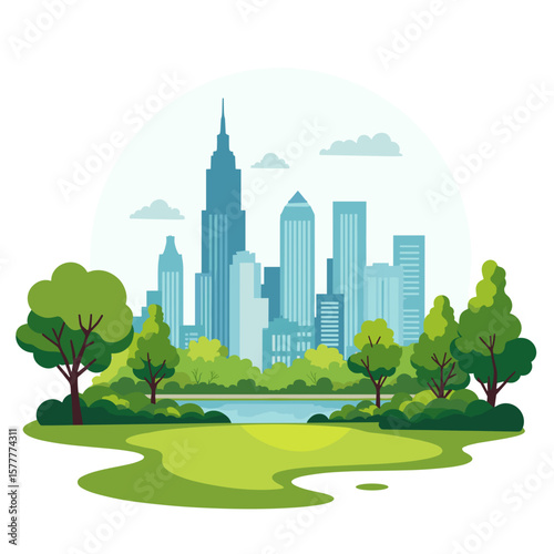 Urban park with green trees and skyscrapers in the background  