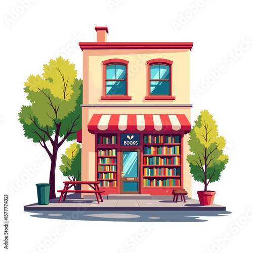 Urban bookstore with colorful facade and outdoor seating  