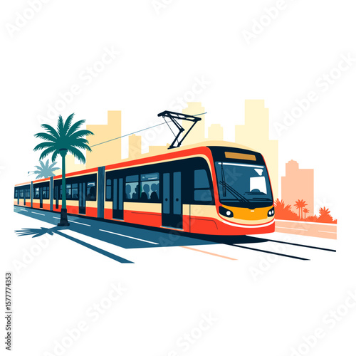 Urban theme tram traveling along city street with palm trees  