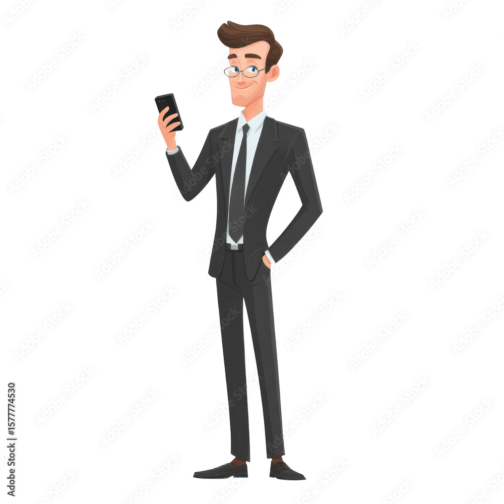 Professional young businessman in a suit holding a smartphone and smiling, with a confident posture and modern hairstyle, isolated on a transparent background Professional young businessman in a suit holding a smartphone and smiling, with a confident posture and modern hairstyle, isolated on a transparent background
