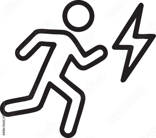 Running man icon with lightning bolt representing speed energy and urgency in a simple line drawing