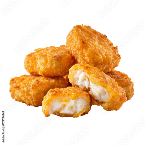 Crispy golden fried nuggets stacked together on a white background, showcasing a crunchy texture and a delicious melted cheese filling inside.