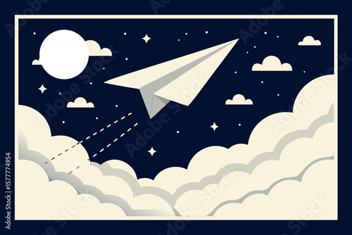 Paper airplane soaring through the night sky among fluffy clouds and stars with a bright full moon overhead symbolizing dreams and aspirations