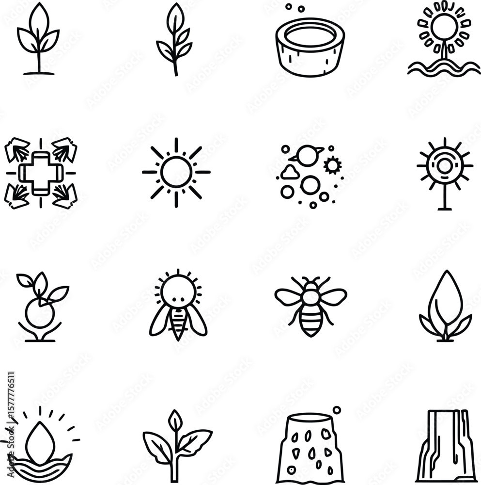 Fototapeta premium Plant & Pollinator Cycle Monochrome Nature Icons Featuring Sprouts, Bees, Flowers, Soil, Leaves, and Sunbursts in Growth-Driven Composition