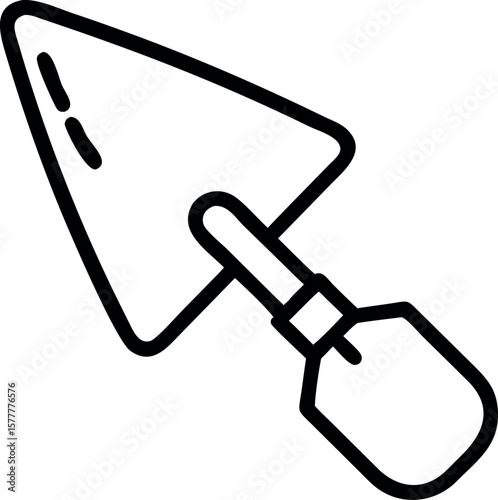 Bold black line drawing shows simple triangular bladed hand trowel with handle is visible