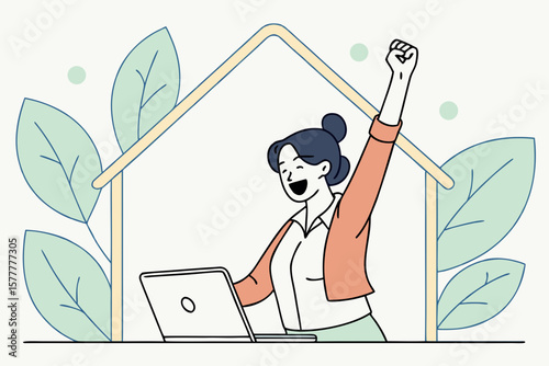 Excited woman celebrating success on laptop, ideal for good news, online achievements, or lifestyle promotions.