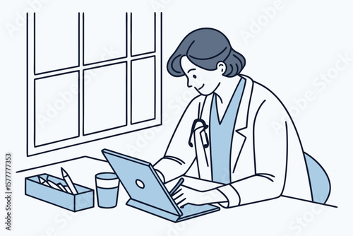 Doctor calculating tax invoice, ideal for healthcare, business, or financial planning promotions.