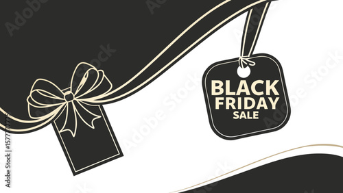 Elegant Black Friday Sale Vector Banner with Luxury Black and Gold Ribbon, Gift Tag, and Modern Wavy Design for Online Promotions and Marketing