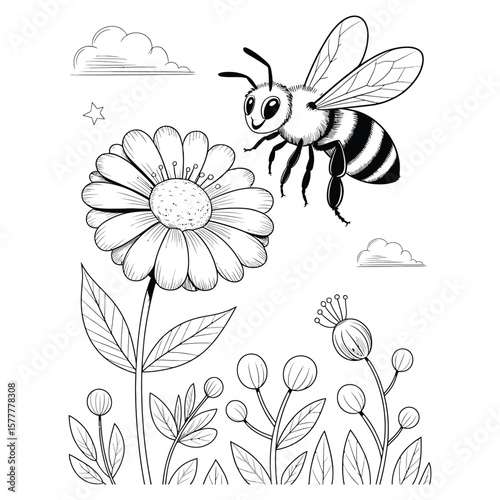 Cute vector illustration of a honeybee hovering near a vibrant wildflower with black and white background