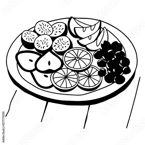 dried Fruit platter illustration in black and white, for menus or websites