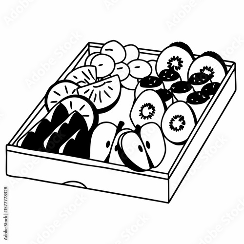 Dried fruit platter illustration in black and white, for menus or recipe books