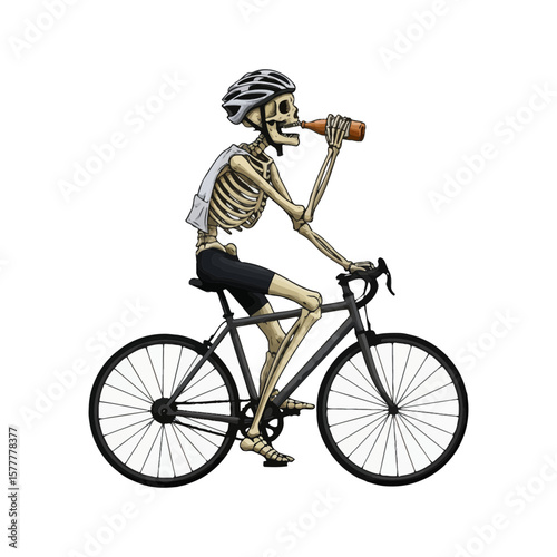 A skeleton wearing a helmet rides a bicycle while drinking a bottle