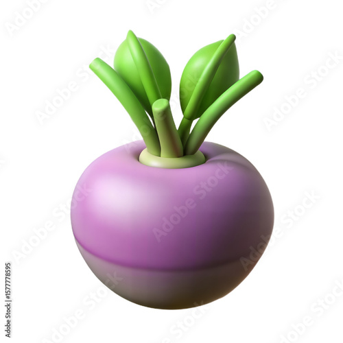 Cartoon Turnip Vegetable Render with Green Stems and Leaves, Isolated on Transparent Background for Fantasy or Gaming Asset