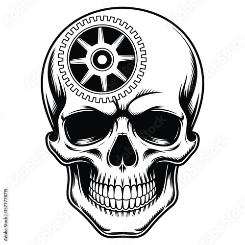 Detailed line art vector of a steampunk skull with mechanical gears isolated in black and white