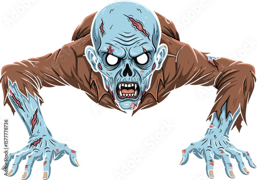 Creepy Crawling Blue Zombie Illustration with Tattered Clothes and Glowing Eyes for Horror, Halloween, and Undead Themes, Ideal for Games, Comics, and Spooky Designs"