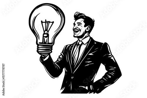 confident modern individual, proudly holding a glowing light bulb - creative unique idea