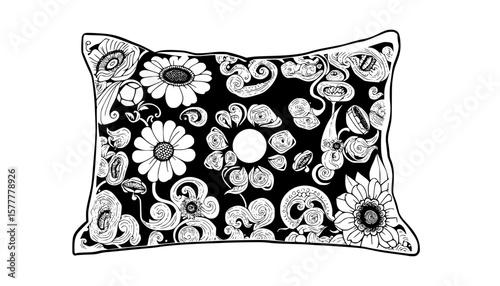 Elegant  illustration of an ornate floral pillow with detailed patterns, perfect for home decor, fabric design, and craft projects.