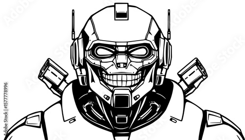 Bold vector illustration of a futuristic robot with a skull face and advanced tech features, perfect for sci-fi designs, gaming, and merchandise.