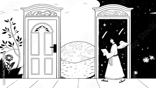 Sacred-style vector artwork of two opposing doorways—one leading to a sunrise and blooming earth, the other to stars and beyond—each watched over by an angelic figure holding a scroll.