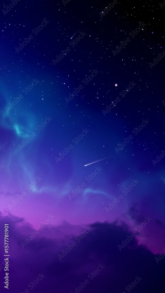 Naklejka premium Vibrant purple and blue nebula with shooting stars in a starry night sky