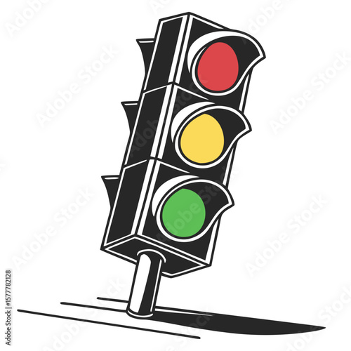 A stylized illustration of a traffic light with red yellow and green lights illuminated isolated on transparent background