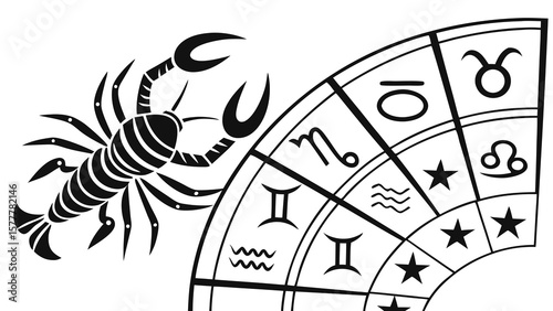 Black and white zodiac wheel with cancer crab constellation and astrological symbols illustration art vreated with genrated ai