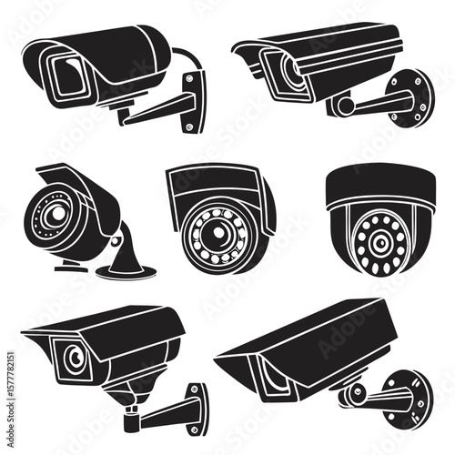 Collection of various security surveillance cameras in a simple outline style isolated on transparent background
