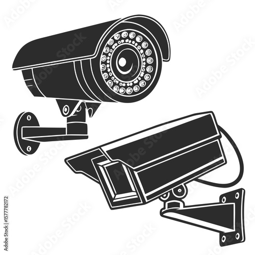 Two surveillance security cameras with infrared leds and mounting brackets shown in a graphic illustration isolated on transparent background