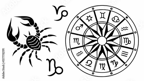 Illustration of zodiac signs including scorpio capricorn and a circular zodiac wheel design element vreated with genrated ai