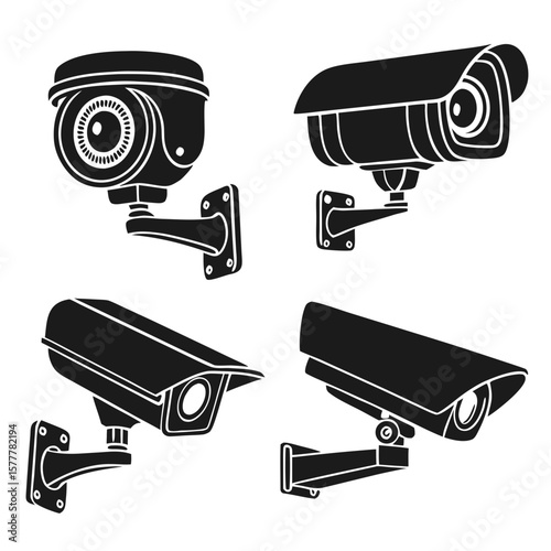 Collection of four distinct surveillance security cameras with different designs and mounting brackets isolated on transparent background