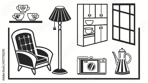 Illustration of a living room interior with furniture and decor in black and white style design vector vreated with genrated ai
