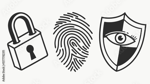Illustration showing a padlock, fingerprint and shield with an eye representing security measures vreated with genrated ai