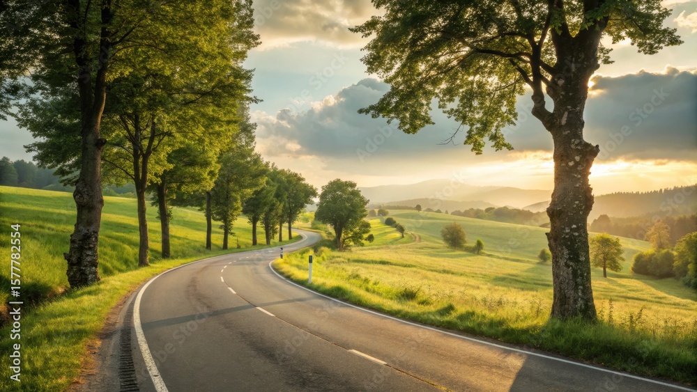 Obraz premium A winding road curves through a picturesque landscape with golden sunlight and green fields, creating a peaceful rural scene.