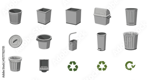 Different kinds of trash cans and recycling symbols.