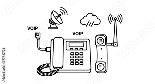 Illustration depicting VOIP phone and related symbols. 